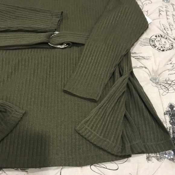 Eloquii Dark Olive Belted Rib Knit Crew Neck Shirt - Picture 5 of 7